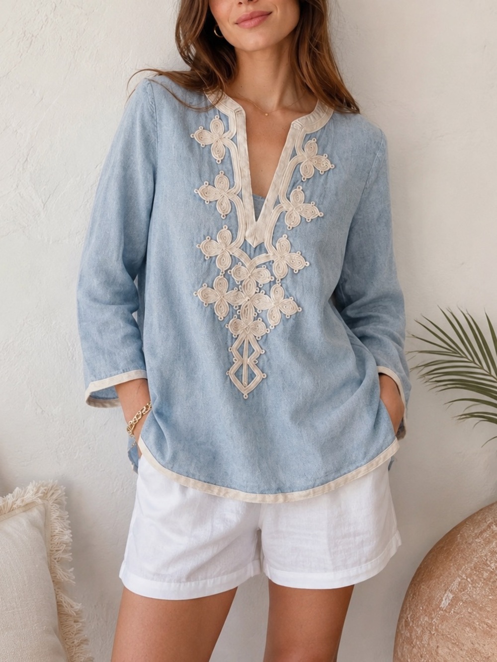 J.Crew Chambray Embroidered Tunic Top 00 XS Boho Coastal Chic